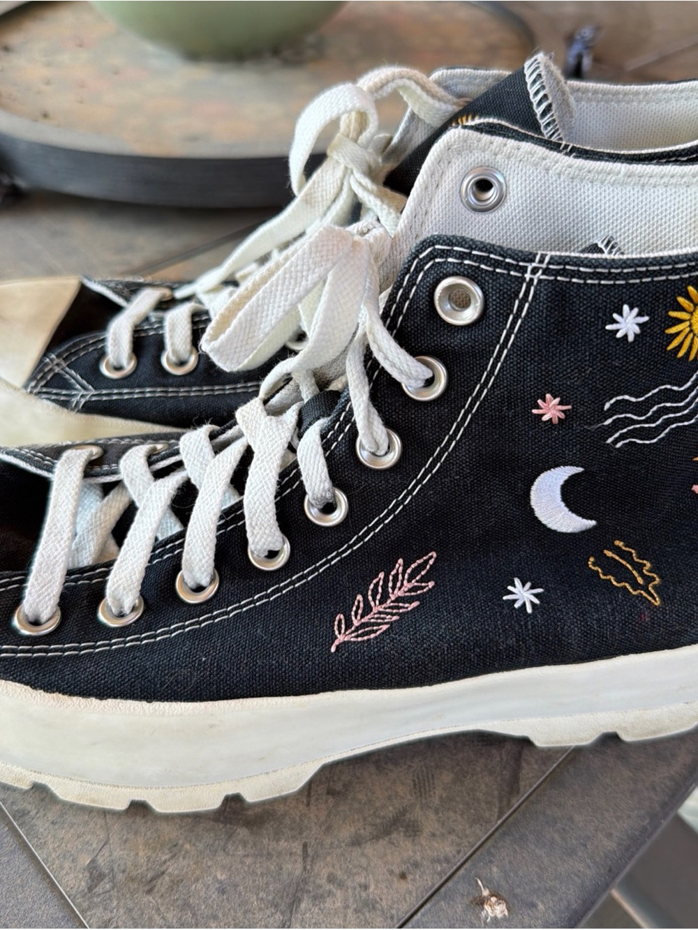 Converse Black High-Top Sneakers with White Accents and Floral Embroidery - Picture 2 of 9